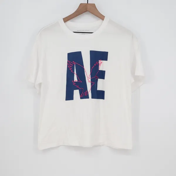 American Eagle White Graphic T-Shirt Navy AE Logo Pink Eagle Stitching Mens M - Image 2