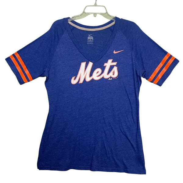 New York Mets Shirt Womens XL Blue MLB Baseball Nike V Neck Stripe Sleeves - Image 11