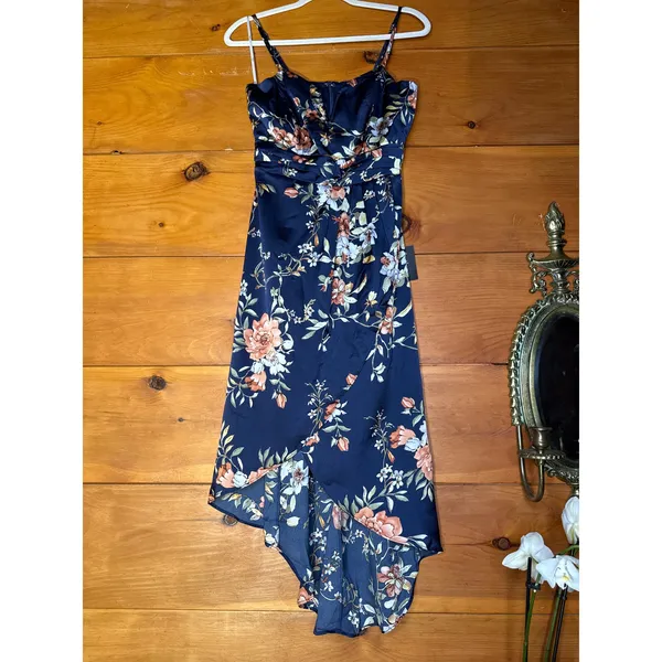 Lulus My Favorite Day Navy Blue Floral Print Tulip Skirt Midi Dress Resort Large - Image 2