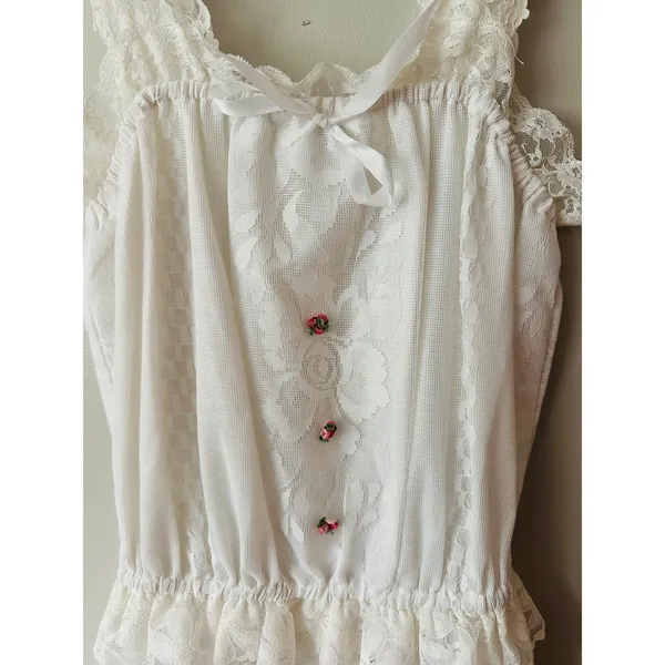 Vintage On The Rocks California White Lace Midi Dress Cottagecore Floral Rosebud - Image 3