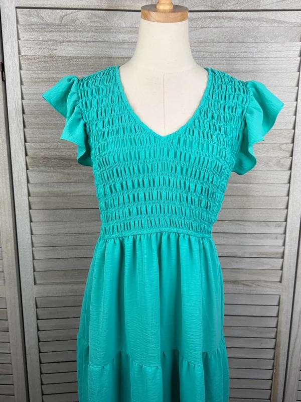 BY THE RIVER (Anthropologie) Boho Smocked Tiered Hem Maxi Dress Emerald Green-L - Image 2