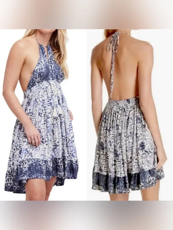 Free People Blue Open Back Halter Mini Dress XS Boho Festival Beachy - Image 2
