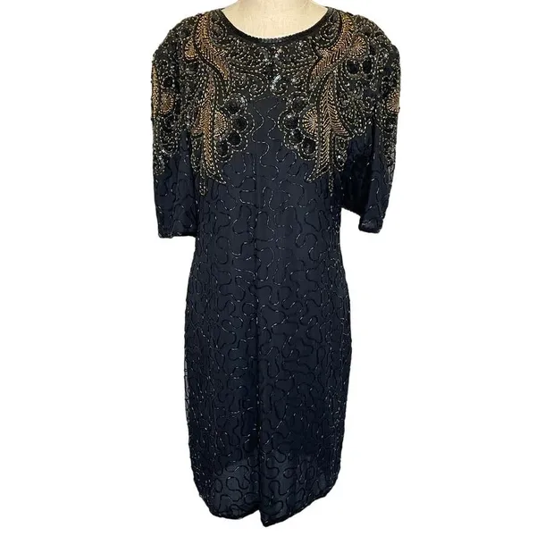 Vintage Black & Gold Silk Beadwork Cocktail Dress Open Back 80s Evening Party - Image 3