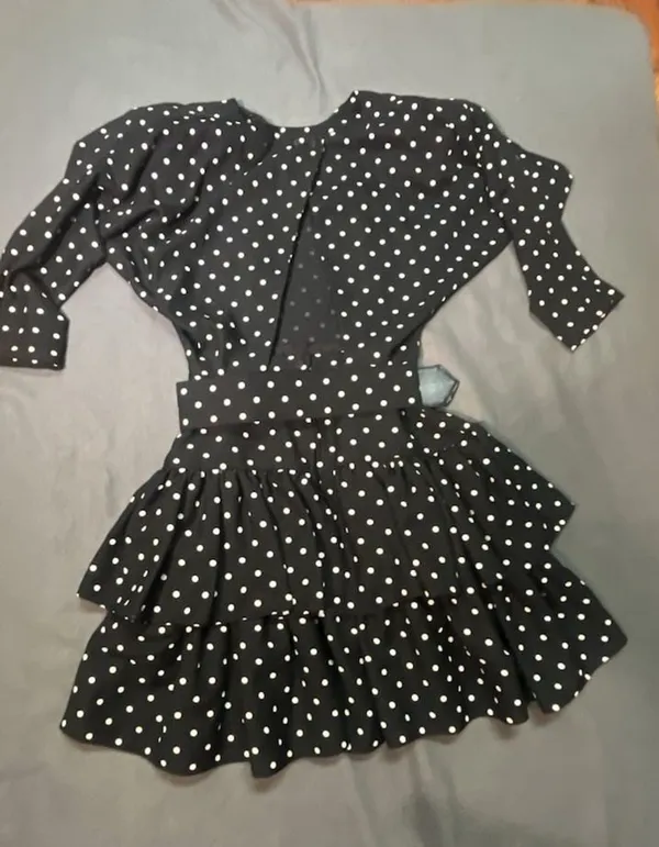 Black and White Polka Dot Ruffled Mini Dress with Belt and Keyhole Back - Image 2