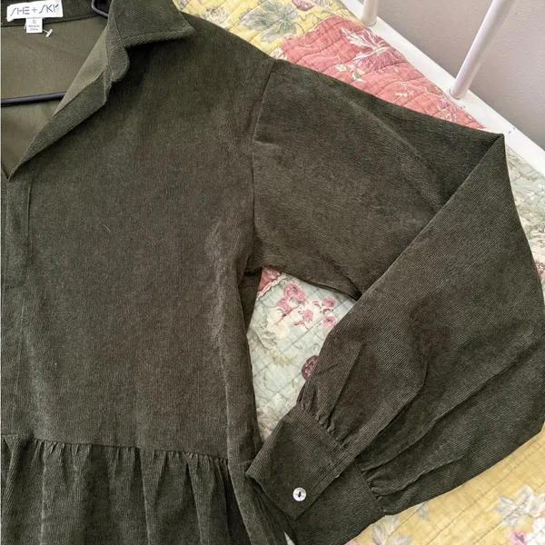 She + Sky Olive Corduroy tiered long sleeveDress - Image 3