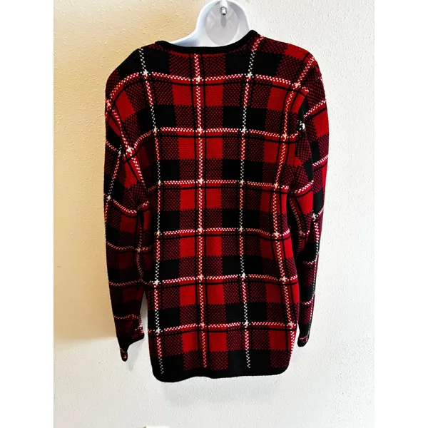 Vintage Liz Baker Cardigan XL Red Black‎ Plaid Gold Button Dark Academia Sweater - Image 4