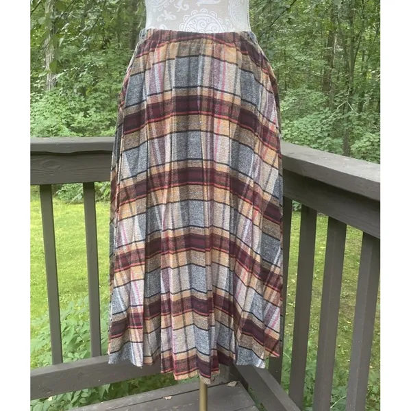 Source Unknown Vintage 60s 70s Wool Plaid Midi Skirt Pleated Preppy Fall Earth Tones Size 32 - Image 2
