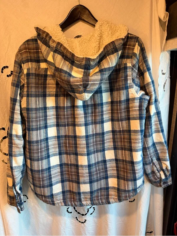 L.L.Bean Women's L Sherpa-Lined Plaid Flannel Hoodie Jacket Full Zip Cozy Layers - Image 5