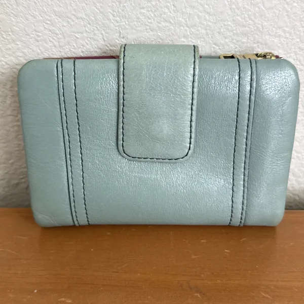 Vtg Fossil Patchwork Soft Leather Teal Wallet Snap‎ Close Zipper Colorblock-Read - Image 4