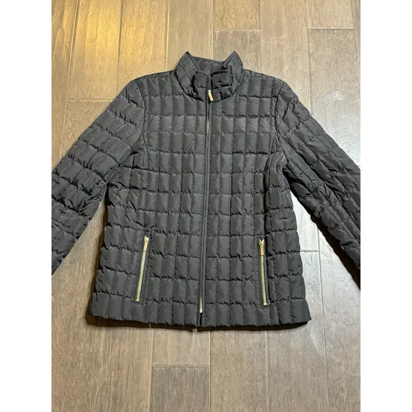 J. Crew Black Quilted Down Zip Up Jacket Coat Women's Size‎ Medium Black Classic - Image 3