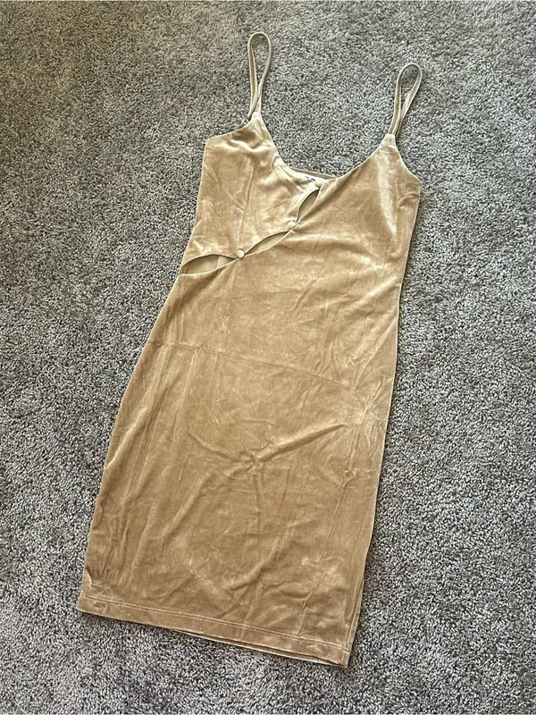 Twist-Front Velvet Slip Mini Dress in Tan - Image 2
