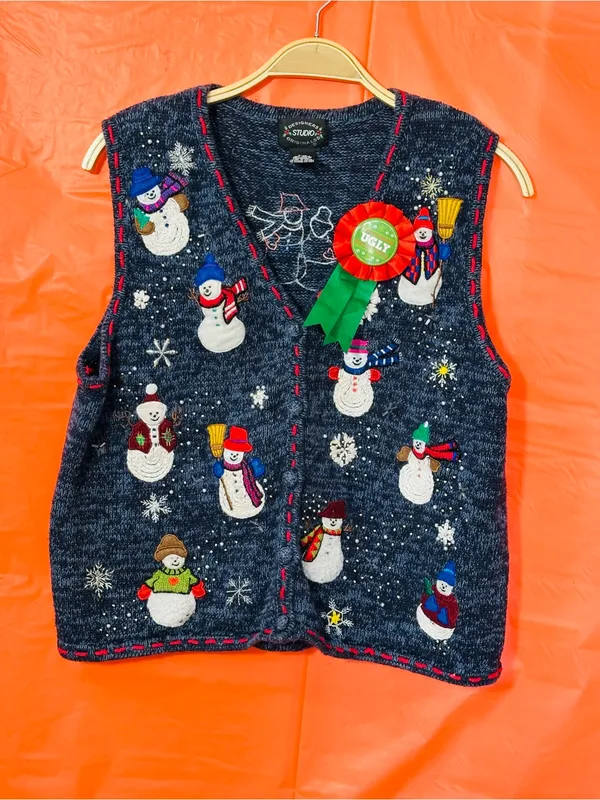 Navy Snowman Embroidered Holiday Sweater Vest - Women's Festive Knit - Image 7