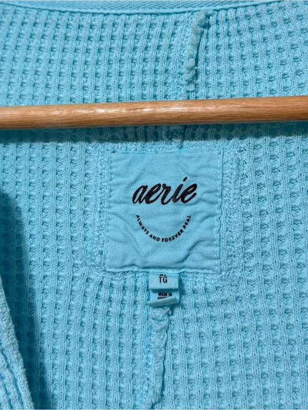 Aerie LumberJane Waffle Polo Sweatshirt Size XL Blue - Image 3