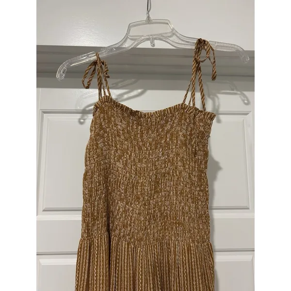Vestique Women's Mustard Brown Striped Smocked Jumpsuit Size Small Game Day Boho - Image 2
