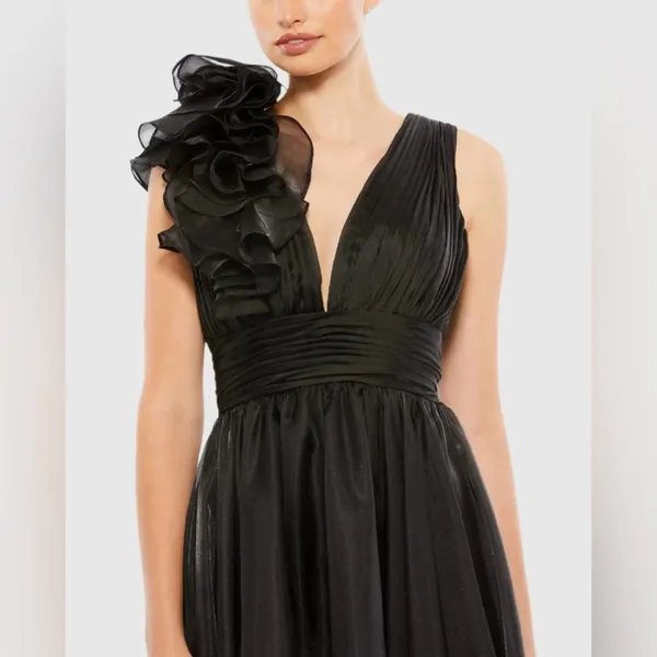 MAC DUGGAL Black Plunging V Neck Ruffled A-Line Cocktail Dress Size 2 Black Tie - Image 2