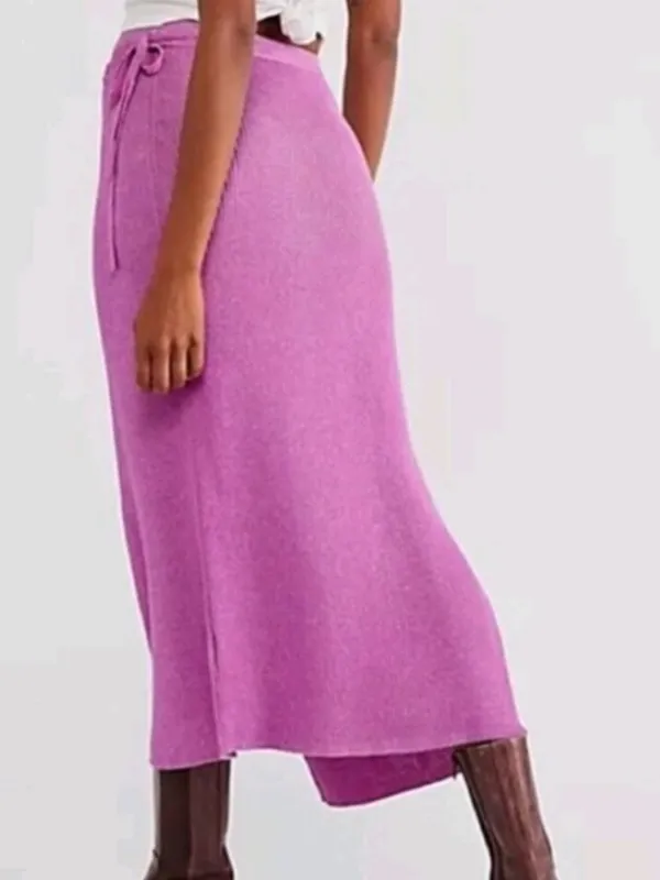 Free People Borderline Knit Wrap Midi Skirt Pink Ribbed Side Tie Slit Large NWOT - Image 3