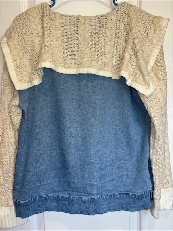 Ruby Rd Brand Blue Stretch Denim With Knit Sleeves And Collar Button Closure - Image 2