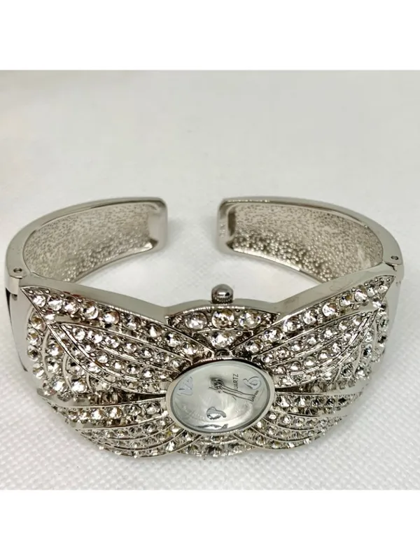 Silver tone women’s cuff bracelet watch 35mm quartz analog rhinestones 7.5” runs - Image 8