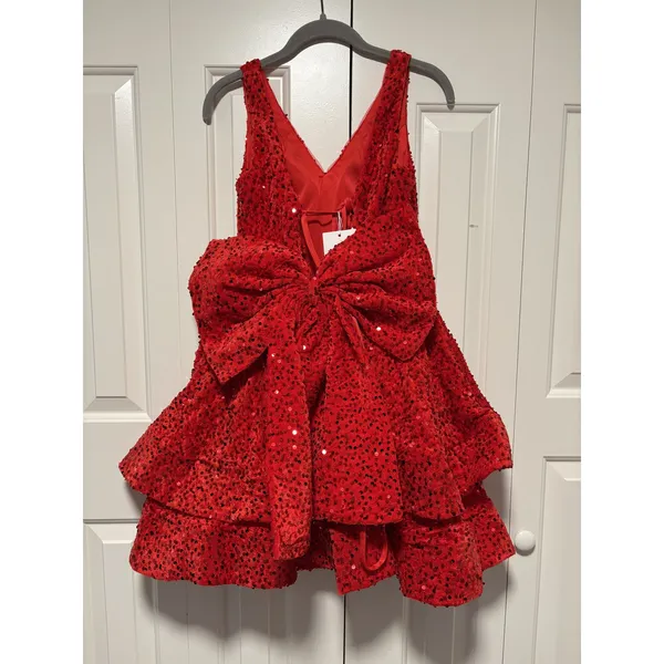 Red Sequin Party Dress Size 2 with Bow Back - Image 8