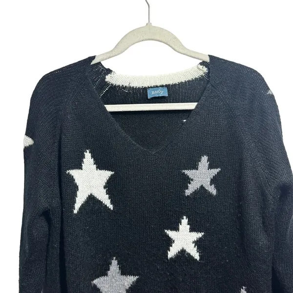 Neely Womens Sz S Sweater White Black Open Knit Oversized Stretchy￼ V Neck - Image 2