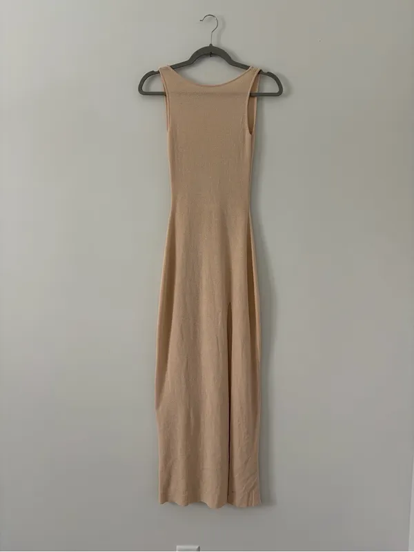 Meshki Maxine Sheer Knit Sleeveless Low Back Fitted Maxi Dress Tan Wheat XS - Image 3