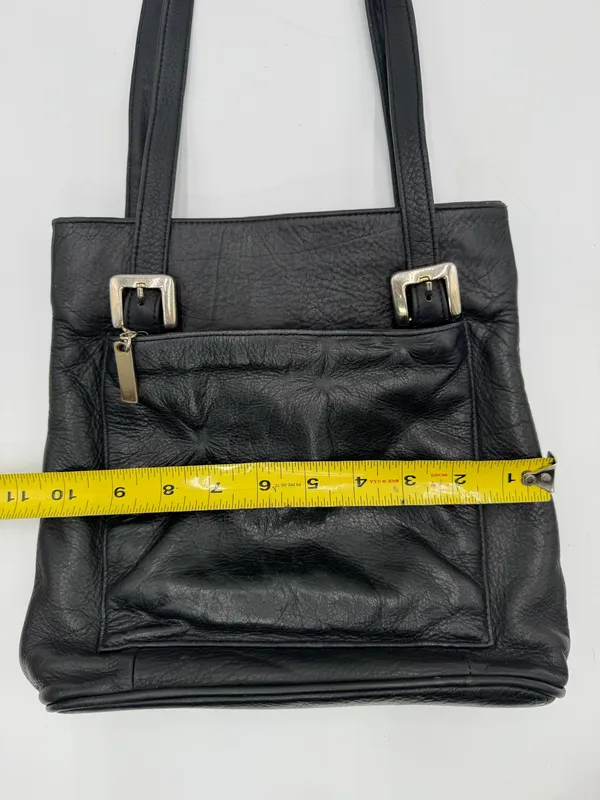 Mila Paoli Genuine Leather Black Tote Shoulder Bag Front Zip Pocket EUC - Image 12