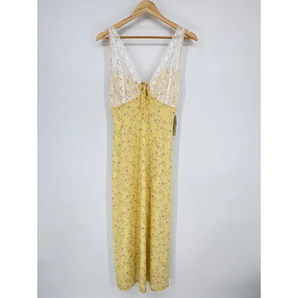 Kirious Los Angeles Yellow Floral Lace Trim Slip Dress Size‎ Large Side Slit NWT - Image 3