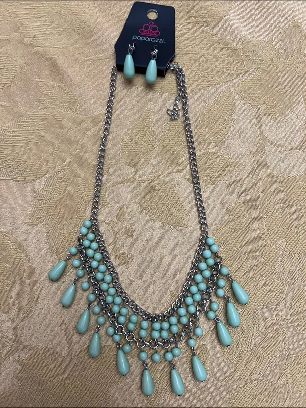paparazzi Aqua Teardrop Layered Bib Necklace and Drop Earrings - Image 5