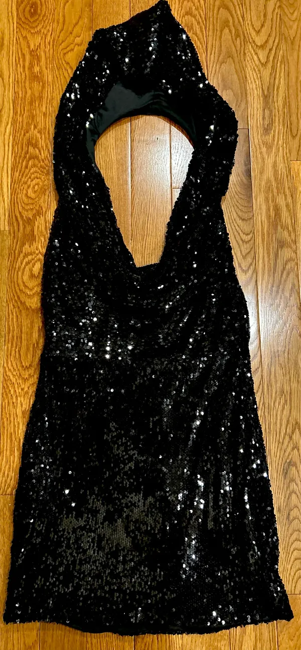 Akira NWT Cool Girl" Hood runway black Sequin Deep V Halter backless dress L - Image 8