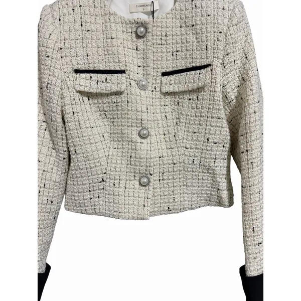 Commense Contrast Cuff Pearl Button Tweed Jacket Apricot Women's Size Small - Image 5