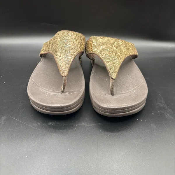 FitFlop Womens Lulu Glitter Toe Post Strap Leather Sandals Flip‎ Gold Size 10 - Image 2
