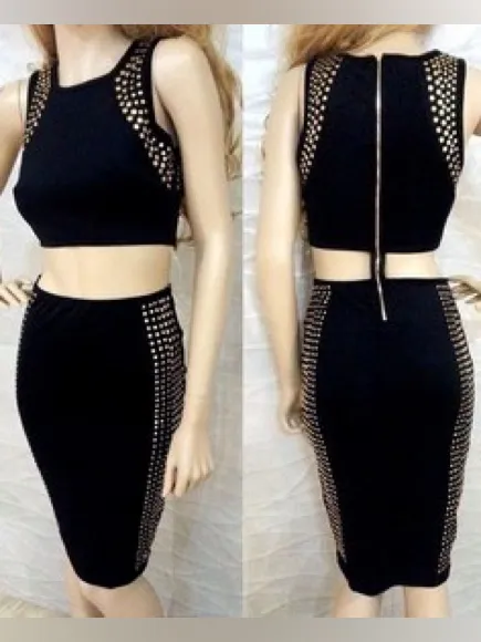 2B BEBE Black Studded 2 Piece Bodycon Skirt Set Crop Top Dress - Image 3