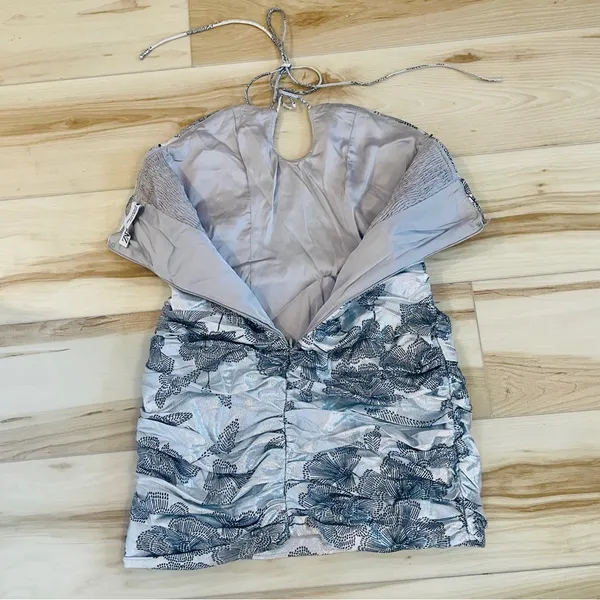 ZARA METALLIC DRAPED HALTER MINI DRESS SILVER W/ Black Floral Zipper Size Small - Image 5
