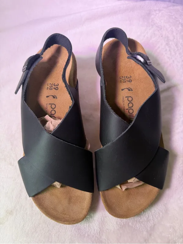 Papillio Black Leather Cork Wedge Sandals Size 8 - Image 4