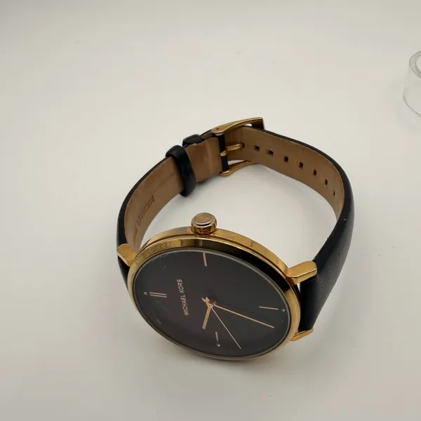 Michael Kors Jayne Minimalist Gold Tone Black Leather Watch Working New Battery - Image 3