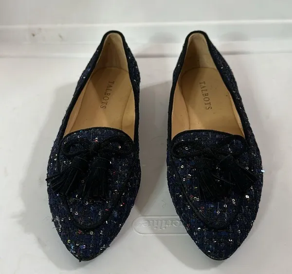 Talbots Francesca Tie Tassel Driving Moccasins in navy sequin tweed size 5.5 - Image 5