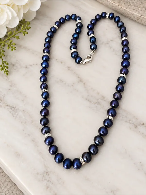 Estate Sterling Silver Dark Blue /Purple Freshwater Pearl Necklace STUNNING - Image 2