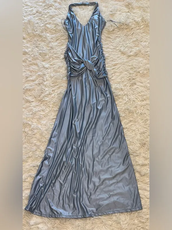 New Delfi Collective Soraya Halter Neck Satin Jersey baby blue Gown Sz XS - Image 5