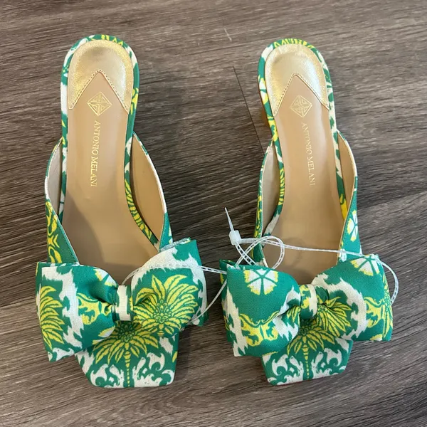 Antonio Melani Alora Royal Palm Print Bow Detail Slide Sandal Kitten Heels - Image 2