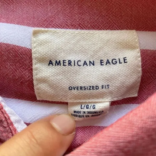 American Eagle Pink & White Striped Tie Front Button Down | Oversized Fit | L - Image 3