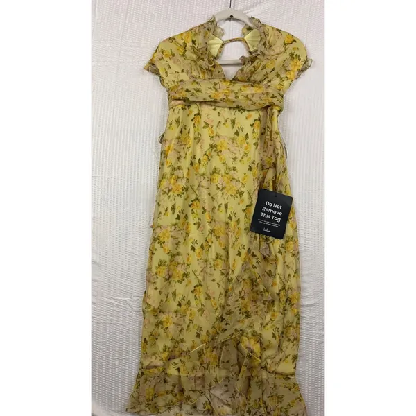 Lulus Yellow Floral Chiffon Ruffle Maxi Dress Sleeveless High Low V-Neck Small - Image 6