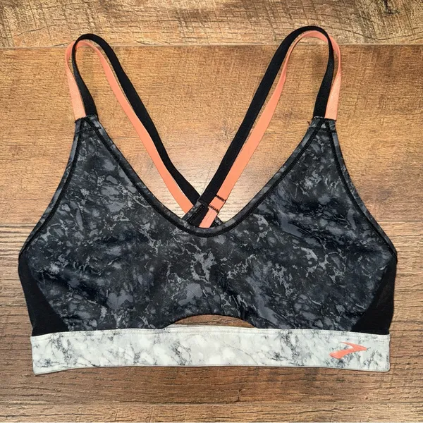 Brooks Black and Gray Marble Print Women's Sports Bra - Image 2