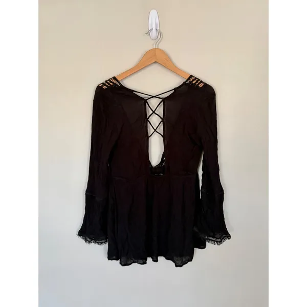 Topshop Black Crochet Lace Up Back Bell‎ Sleeve Beach Cover Up Dress US 6 - Image 4