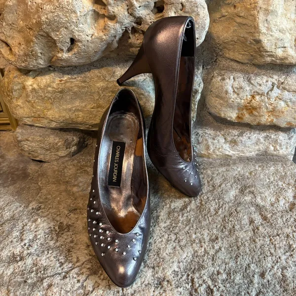 CHARLES JOURDAN Vintage Bronze Leather Rhinestones 3.5" Heels Pumps Shoes 9 - Image 2