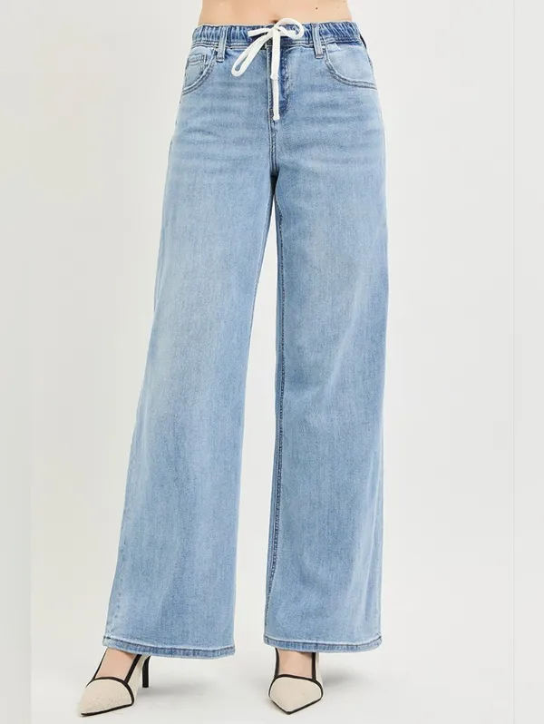 RISEN Light Wash Wide Leg Jeans Elastic Cinch Tie Waist Slouchy Various NEW - Image 6
