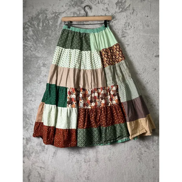 Vintage Homemade Patchwork Maxi Skirt Boho Prairie Cottagecore Peasant Tiered - Image 3