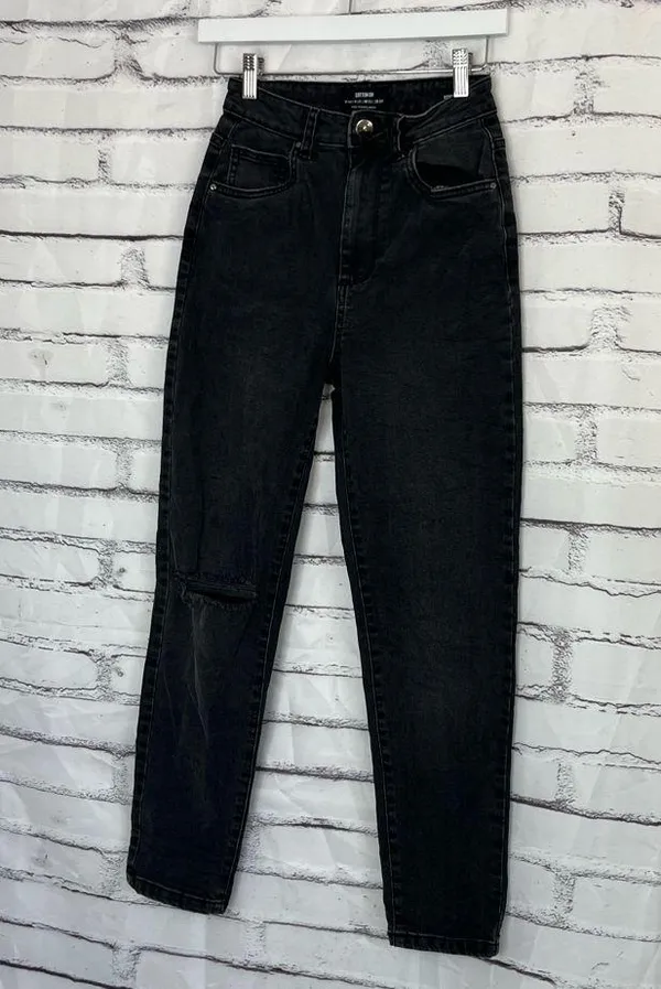 Y2K Cotton On High Rise Stretch Mom Jeans Black Distressed Preppy Size 4 Grunge - Image 8