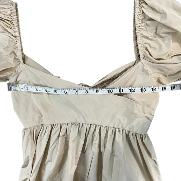 Aritzia Wilfred Opera Babydoll Dress Womens M Tan Cream Taffeta‎ Puff Sleeve - Image 8