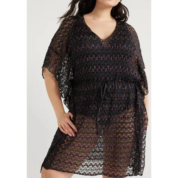 Time and Tru Womens Coverup Black Size XL Crochet Kaftan Short Sleeve V-Neck - Image 4