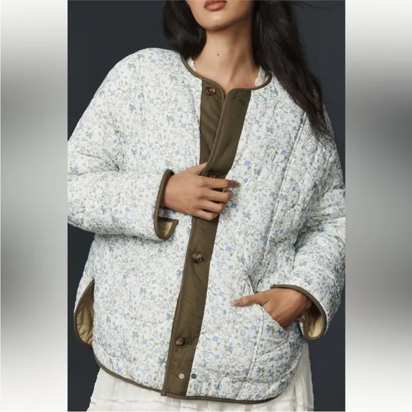 Anthropologie Tan Floral Reversible Quilted Puffer Jacket - Image 2